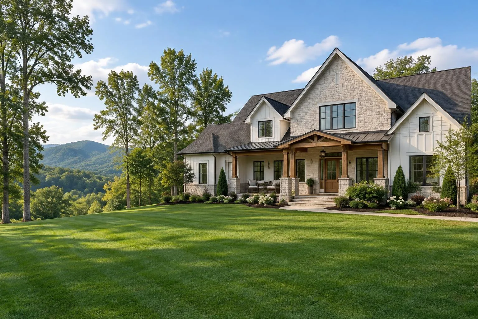 Illustrative craftsman home in a wooded mountain setting