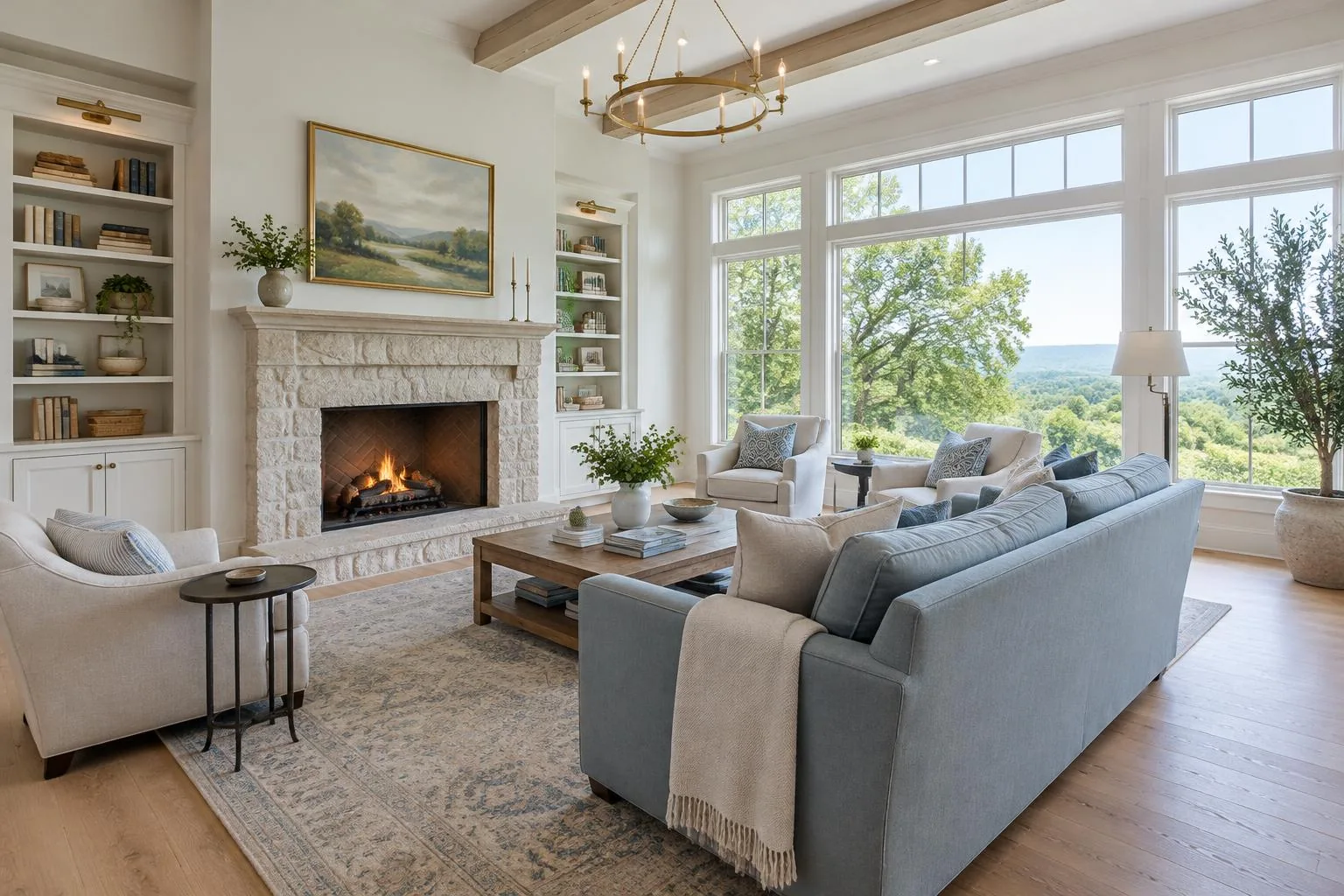 Illustrative finished living room with a stone fireplace